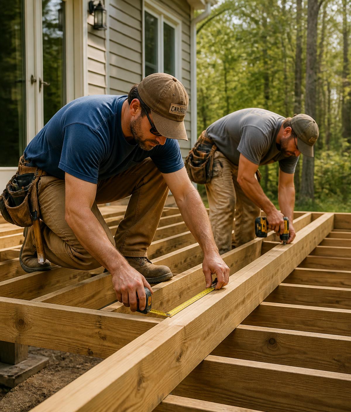 Two carpenters measuring and fastening joists while framing a residential deck